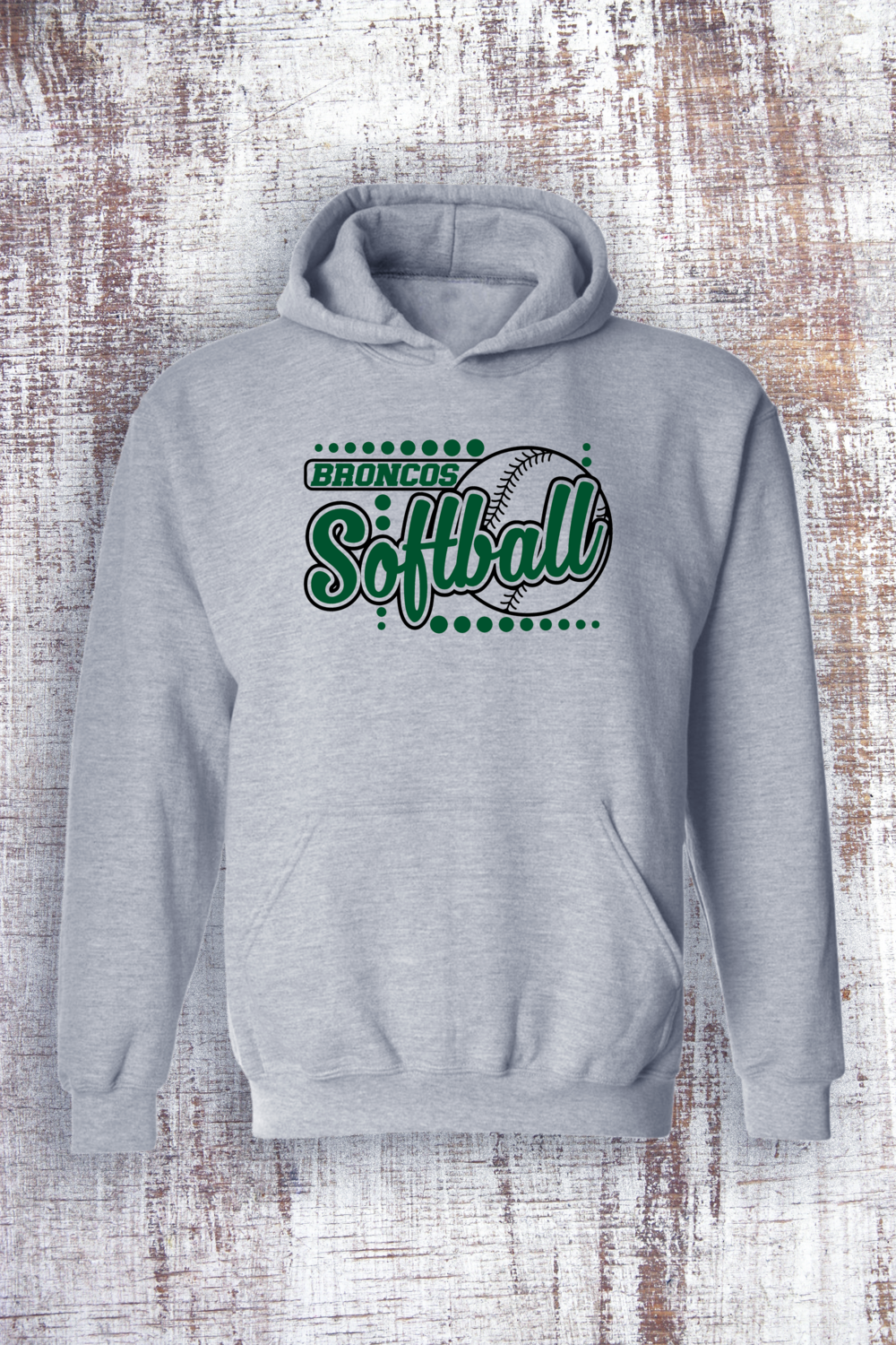 Broncos Softball Sweatshirt -  Hooded and Crew, Color: Sport Grey, Sweatshirt Style: Hooded