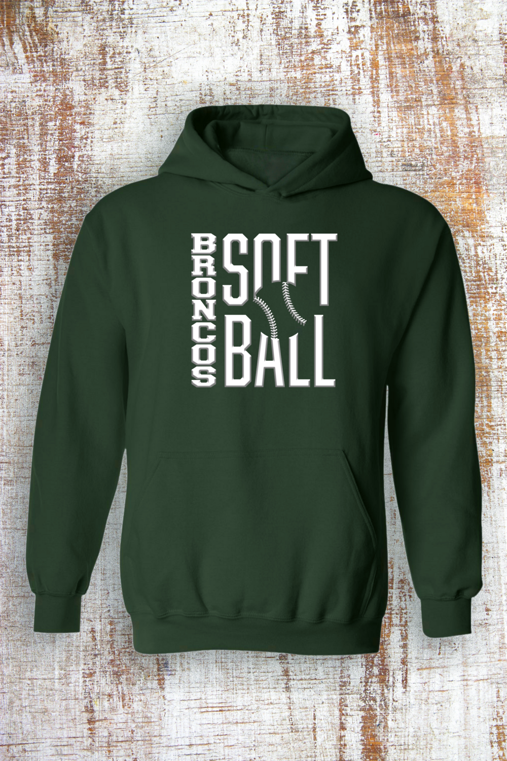 Broncos White Embossed Softball Sweatshirt - hooded and crew, Color: Forest green, Sweatshirt Style: Hooded