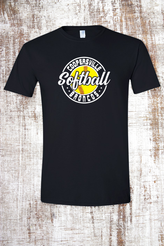 Yellow Embossed Broncos Softball Short Sleeve T-Shirt, Color: Black