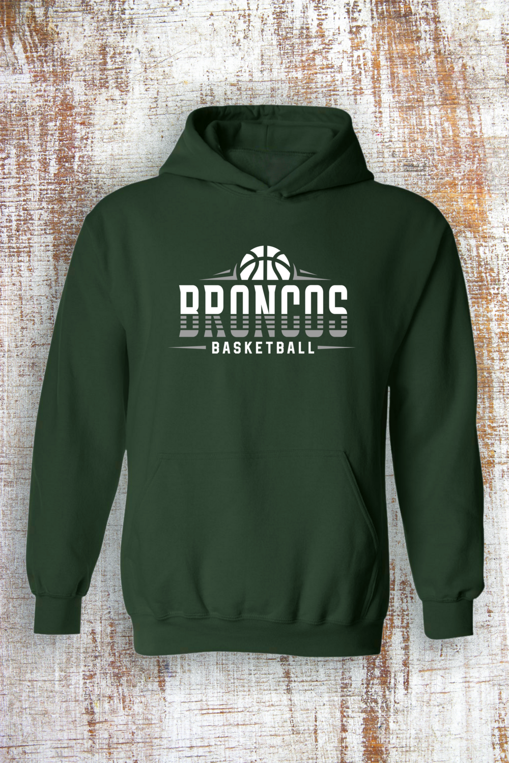 Broncos Basketball Sweatshirt - hooded and crew, Color: Forest Green, Sweatshirt Style: Hooded