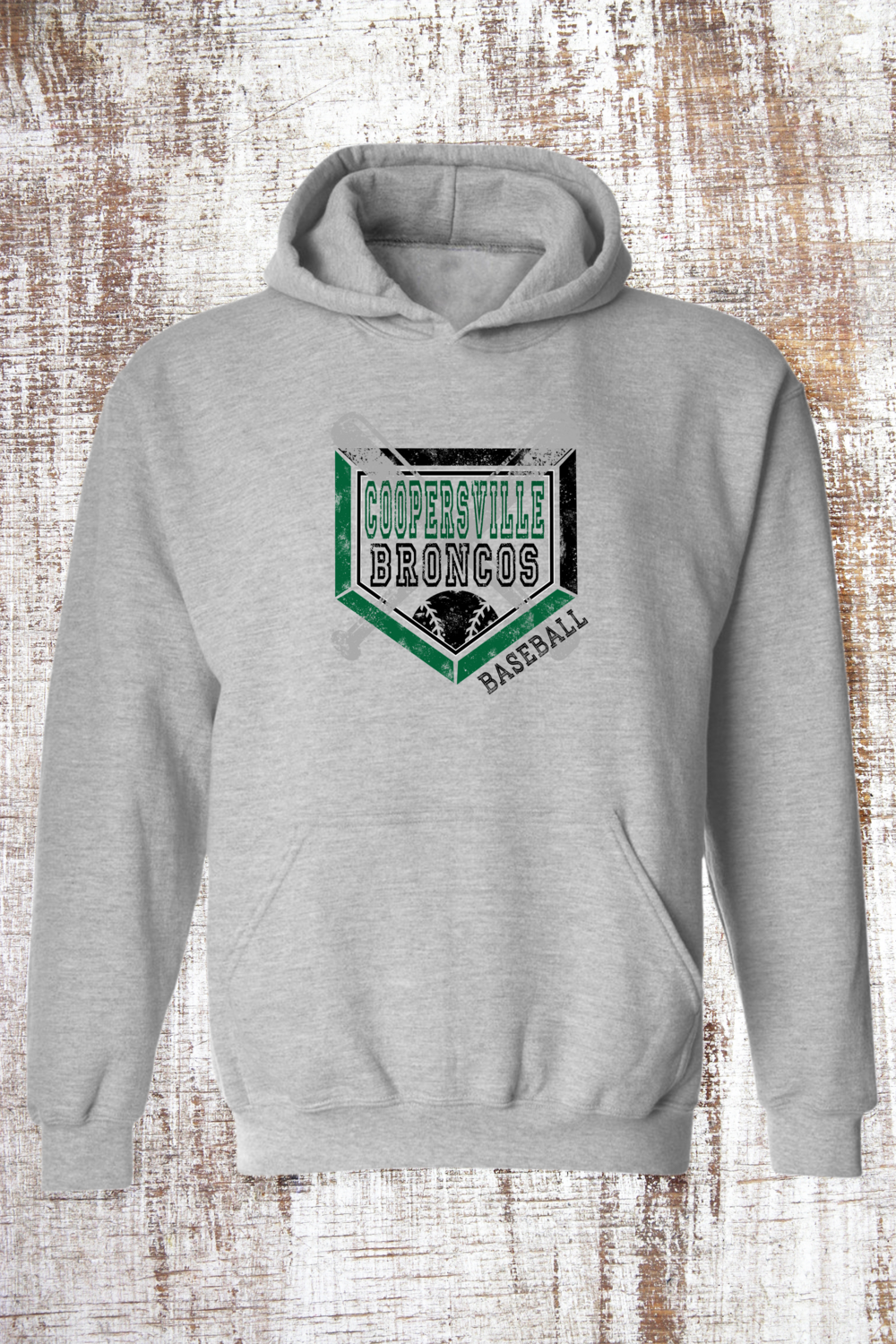 Coopersville Distressed Baseball Sweatshirt -  Hooded and Crew, Color: Sport Grey, Sweatshirt Style: Hooded