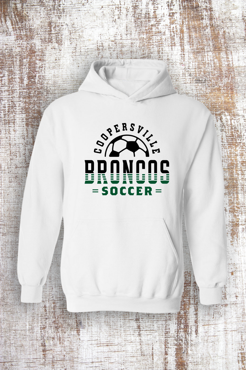 Coopersville Bronco Soccer Slats Sweatshirt - hooded and crew, Color: White, Sweatshirt Style: Hooded