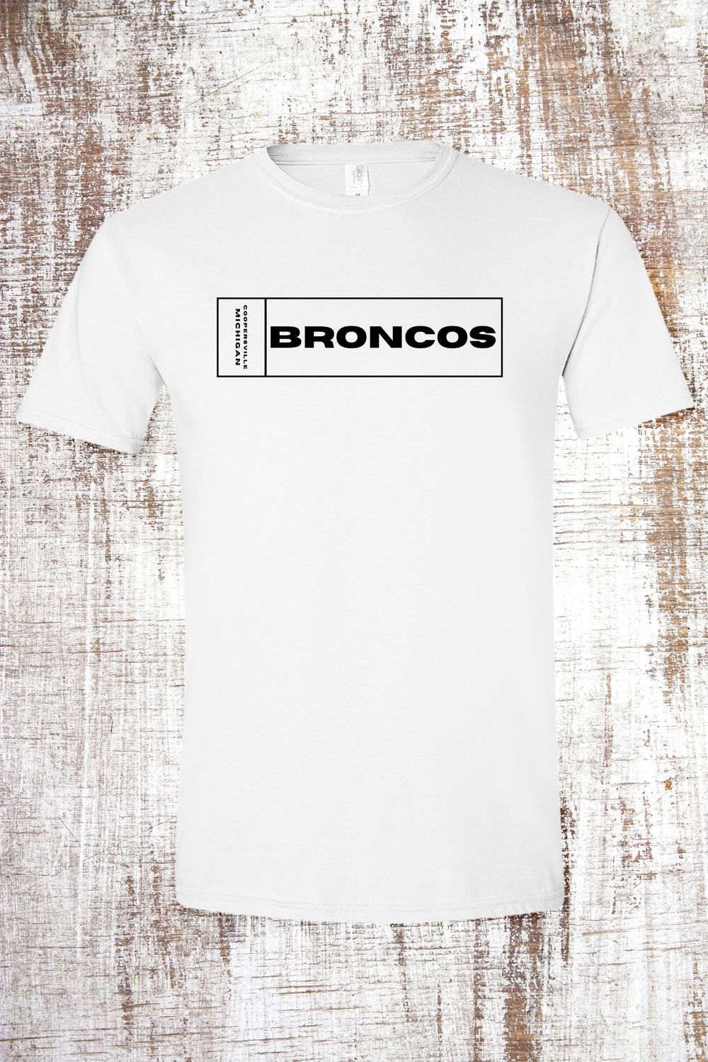 2-sided Coopersville Michigan Broncos Short Sleeve T-Shirt, Color: White