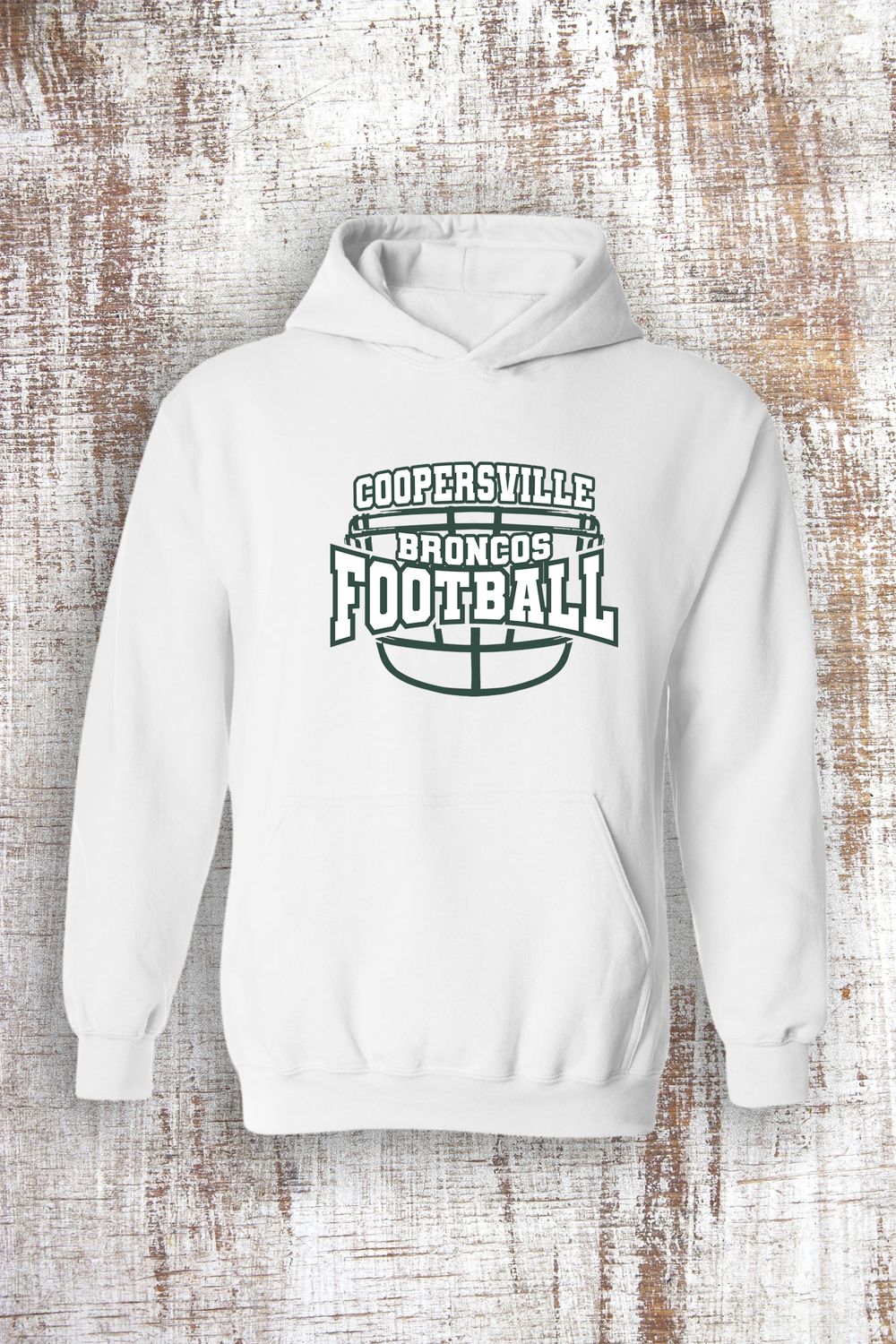 Coopersville Football Helmet Sweatshirt - hooded and crew, Color: White, Sweatshirt Style: Hooded