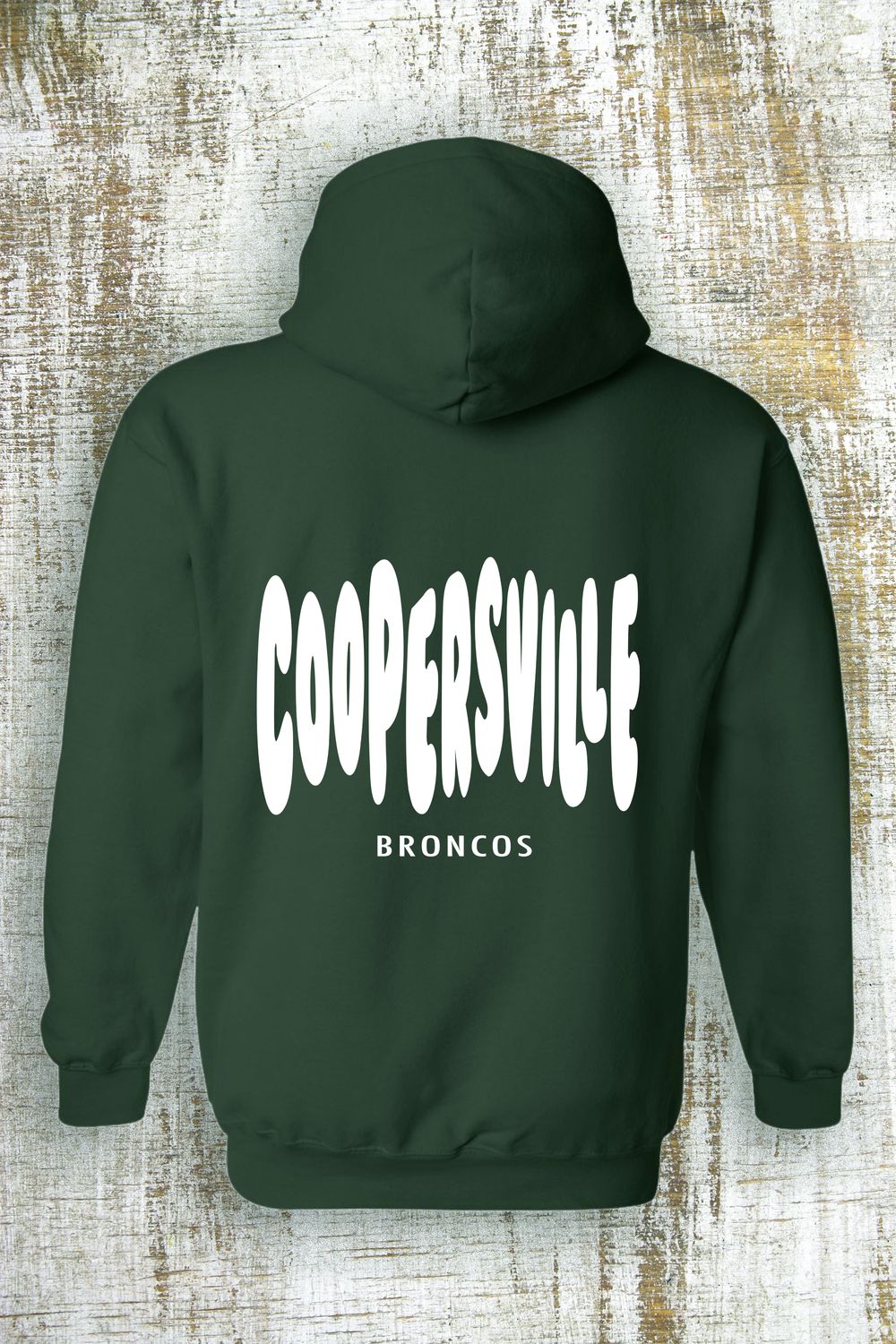 Coopersville Broncos Bubble Font - Front and Back Hoodie, Color: Green with white letters