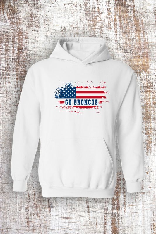 Distressed American Flag Go Broncos Sweatshirt - hooded and crew
