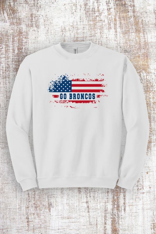 Distressed American Flag Go Broncos Sweatshirt - hooded and crew