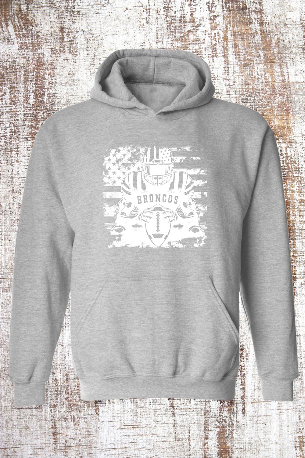 American Football Broncos Hoodie, Color: White on Grey