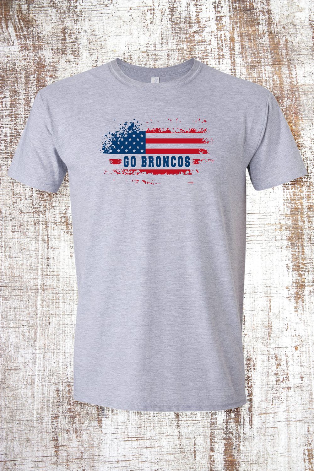 Coopersville Distressed American Flag Go Broncos Short Sleeve T-Shirt, Color: Sport Grey