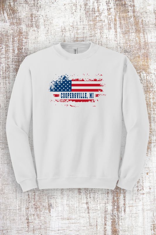 Coopersville MI - Distressed American Flag Sweatshirt - hooded and crew