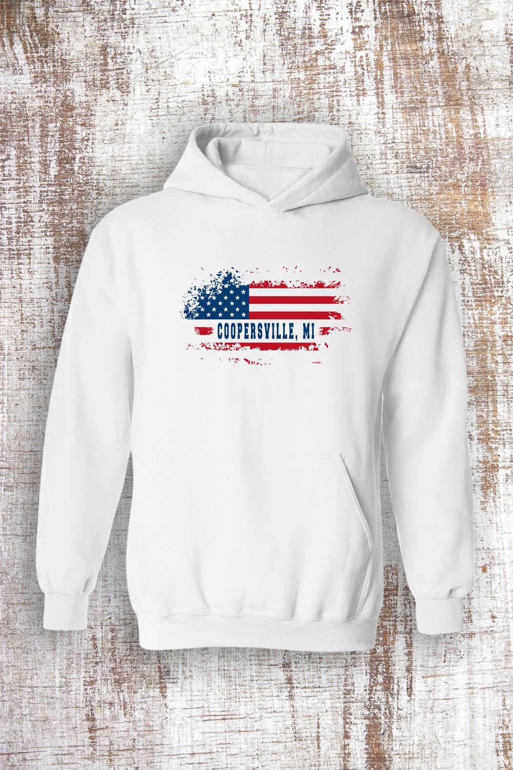 Coopersville MI - Distressed American Flag Sweatshirt - hooded and crew, Color: White, Sweatshirt Style: Hooded