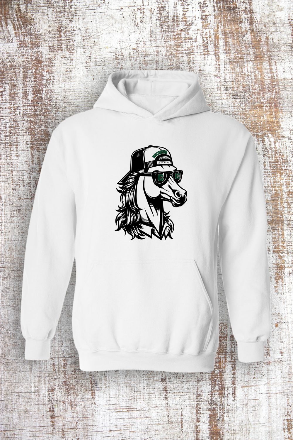 Mullet Bronco Sweatshirt - hooded and crew, Color: White, Sweatshirt Style: Hooded