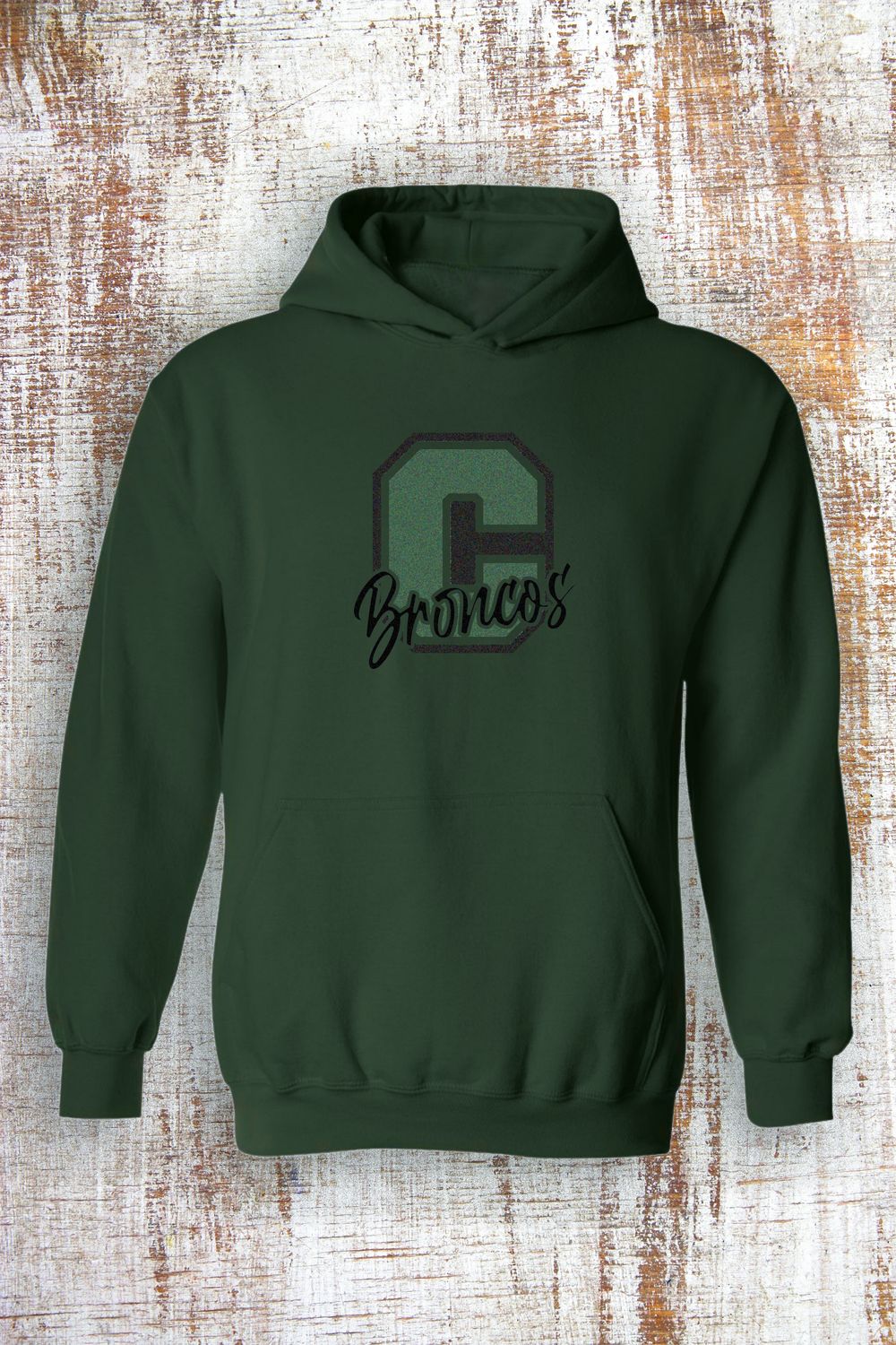 Youth - GLITTER Knock Out Broncos Sweatshirt - hooded and crew, Color: Forest Green, Sweatshirt Style: Hooded