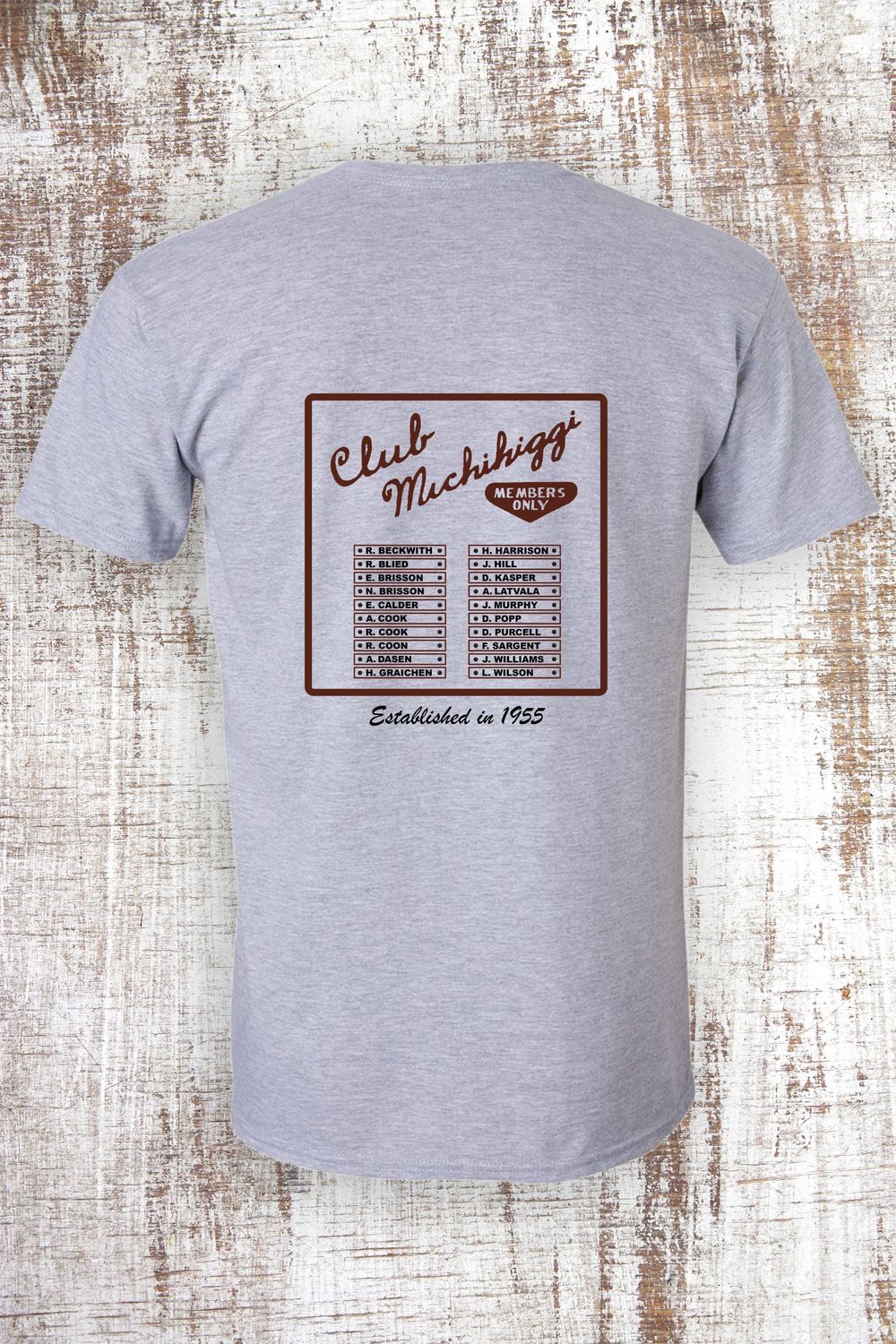 2 sided (front and back) Vintage Club Michihiggi Members Only Short Sleeve T-Shirt, Color: Sport Grey