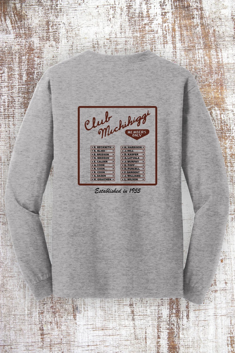 2 sided (front and back) Vintage Club Michihiggi Members Only Long Sleeve T-Shirt, Color: Sport Grey