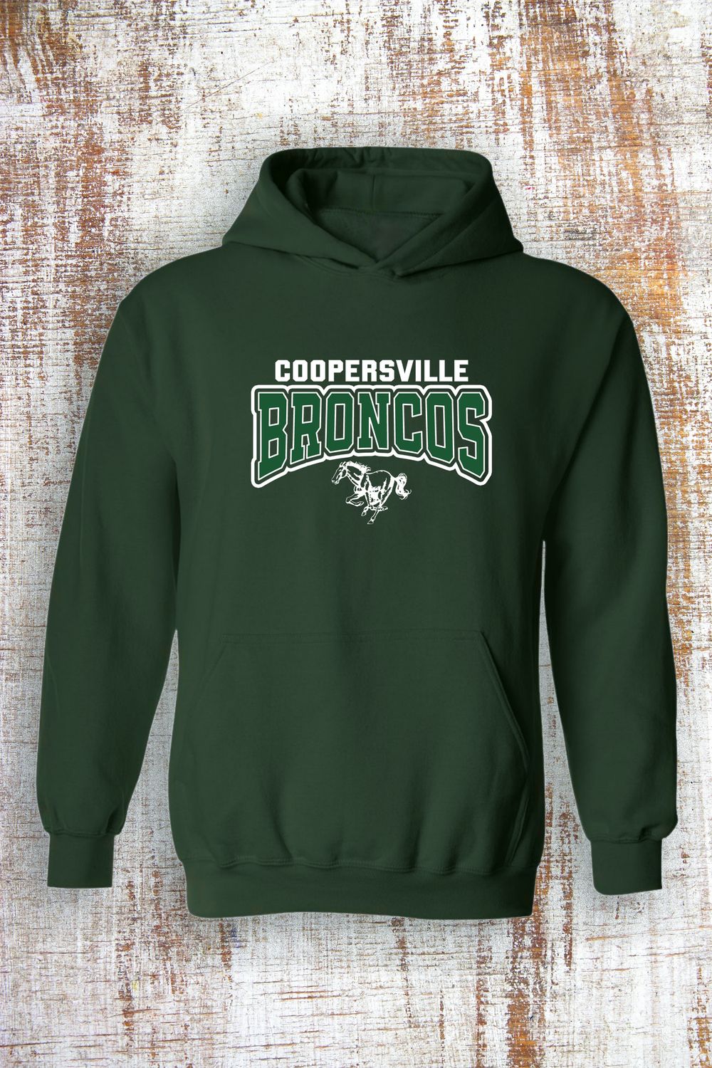 Coopersville Broncos Mascot Sweatshirt - hooded and crew, Color: Forest Green, Sweatshirt Style: Hooded