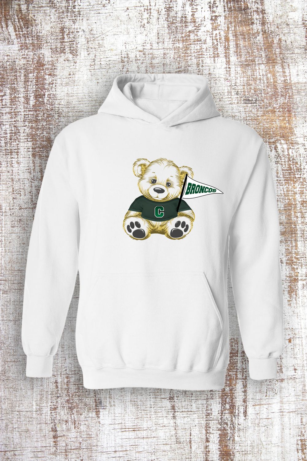 Youth Unisex Broncos Teddy Bear Sweatshirt - hooded and crew, Color: White, Sweatshirt Style: Hooded