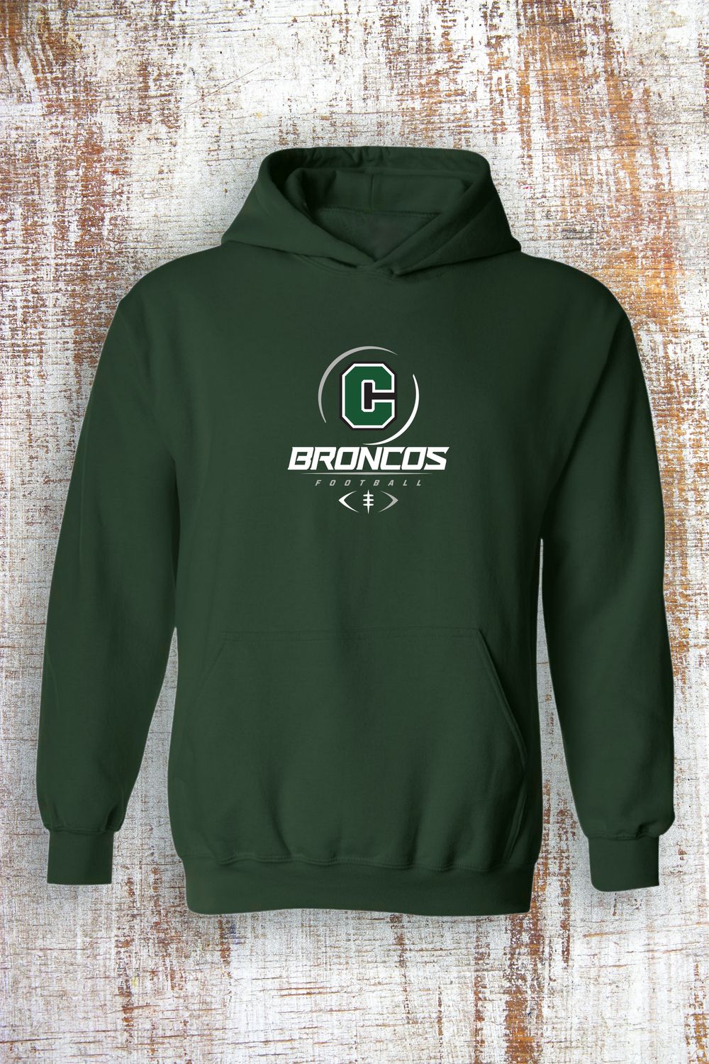 Broncos Sphere Football Sweatshirt - hooded and crew, Color: Forest Green, Sweatshirt Style: Hooded