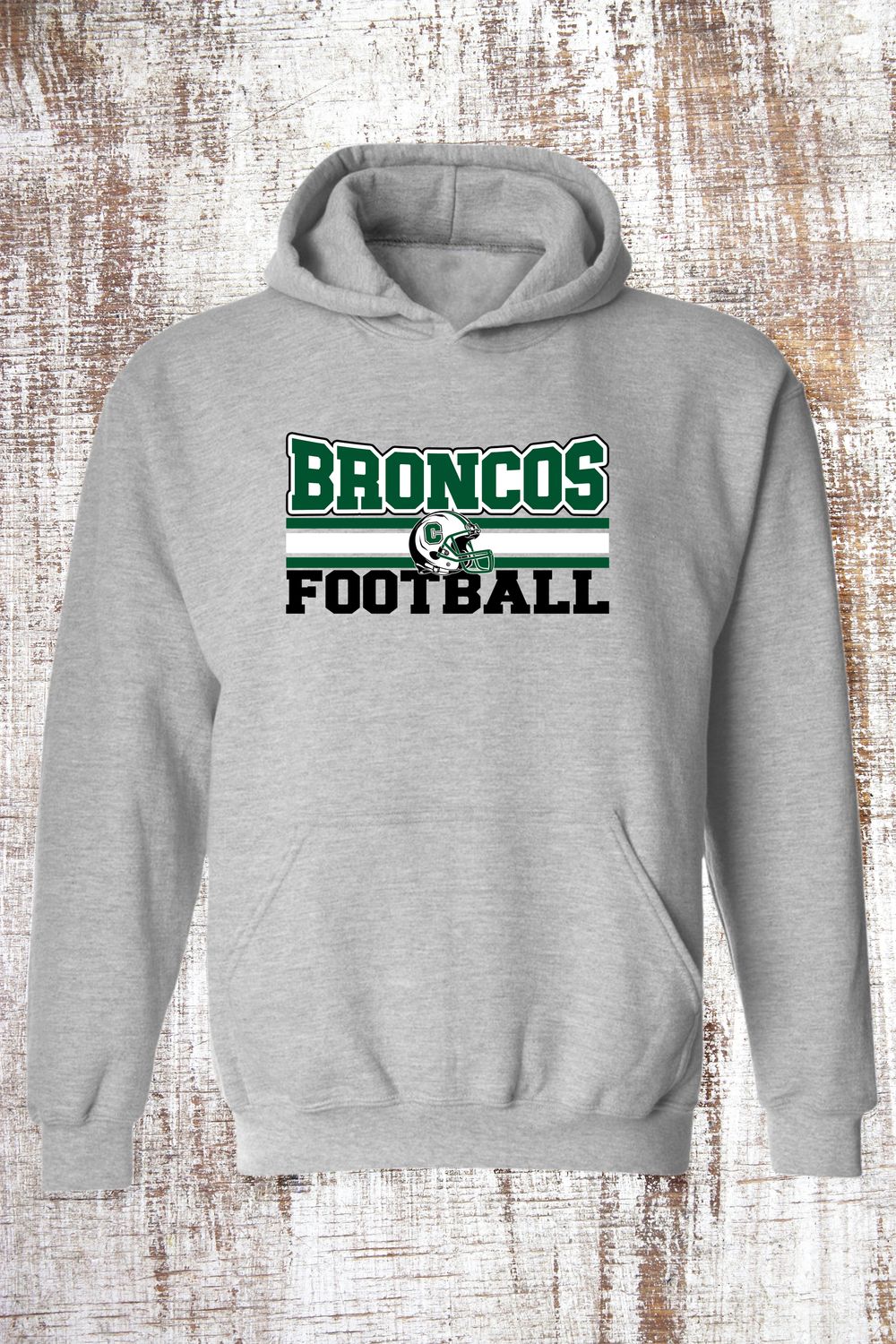 Broncos Football Helmet Sweatshirt - hooded and crew, Color: Sport Grey, Sweatshirt Style: Hooded