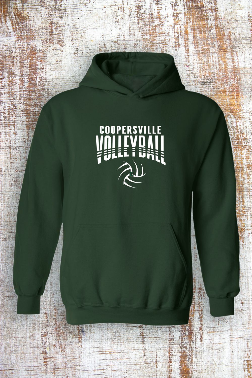 Coopersville Volleyball Sweatshirt - hooded and crew, Color: Forest Green, Sweatshirt Style: Hooded