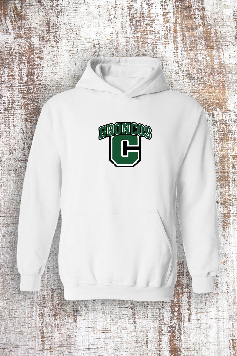 Varsity Arch Broncos Sweatshirt - hooded and crew, Color: White, Sweatshirt Style: Hooded