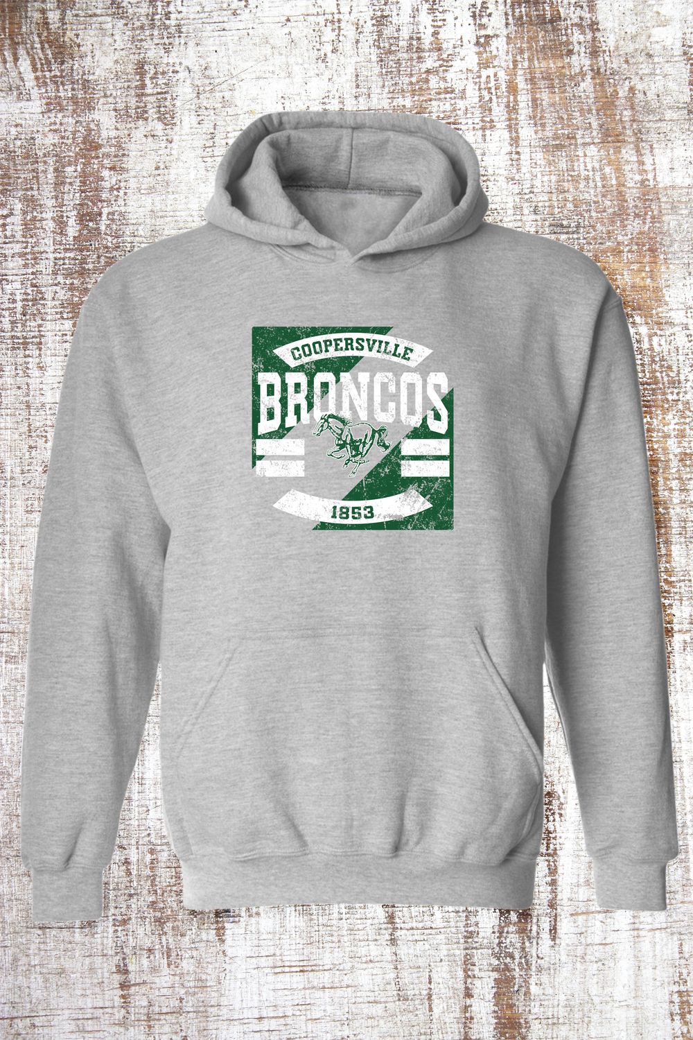 Square Distressed Broncos Sweatshirt - hooded and crew, Color: Sport Grey, Sweatshirt Style: Hooded