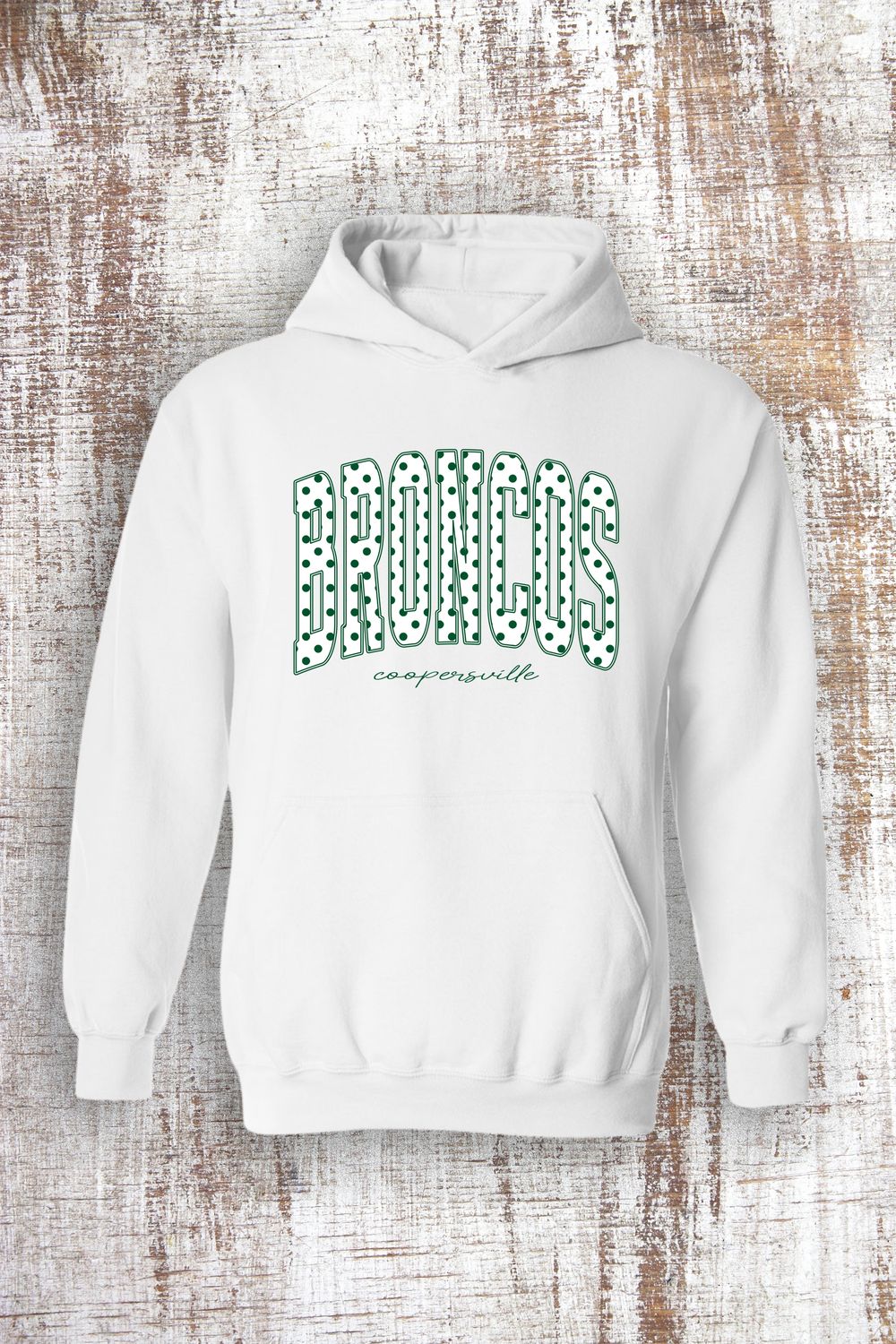 Polka Dot Broncos Sweatshirt - hooded and crew, Color: White, Sweatshirt Style: Hooded