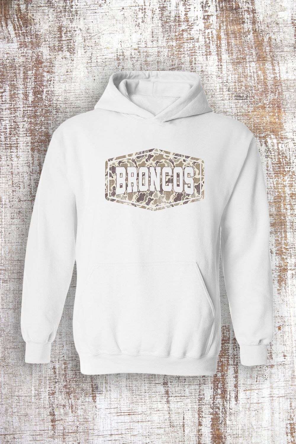 Camo Hexagon Broncos Sweatshirt - hooded and crew, Color: White, Sweatshirt Style: Hooded