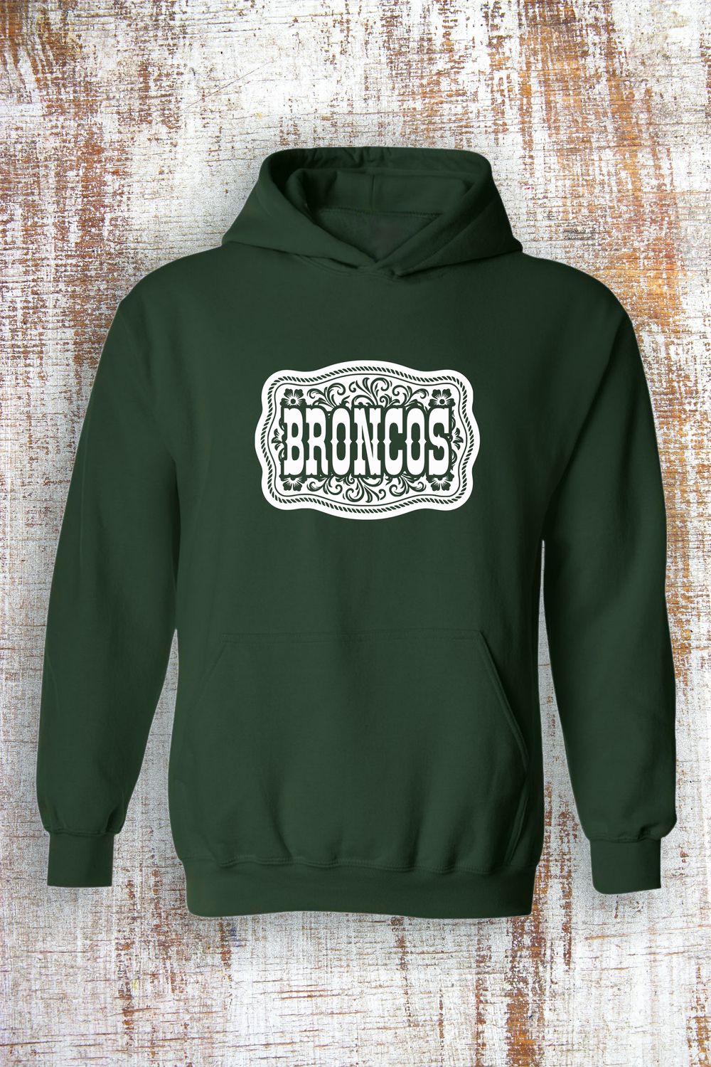 Floral Buckle Broncos Sweatshirt - hooded and crew, Color: Forest Green, Sweatshirt Style: Hooded