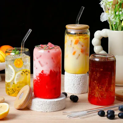 Can Shaped Glass with bamboo lid and glass straw 350 ml