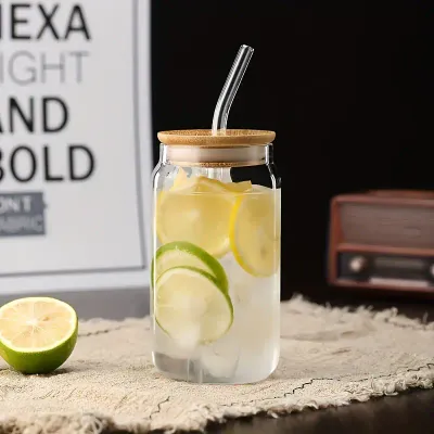 Can Shaped Glass with bamboo lid and glass straw 350 ml