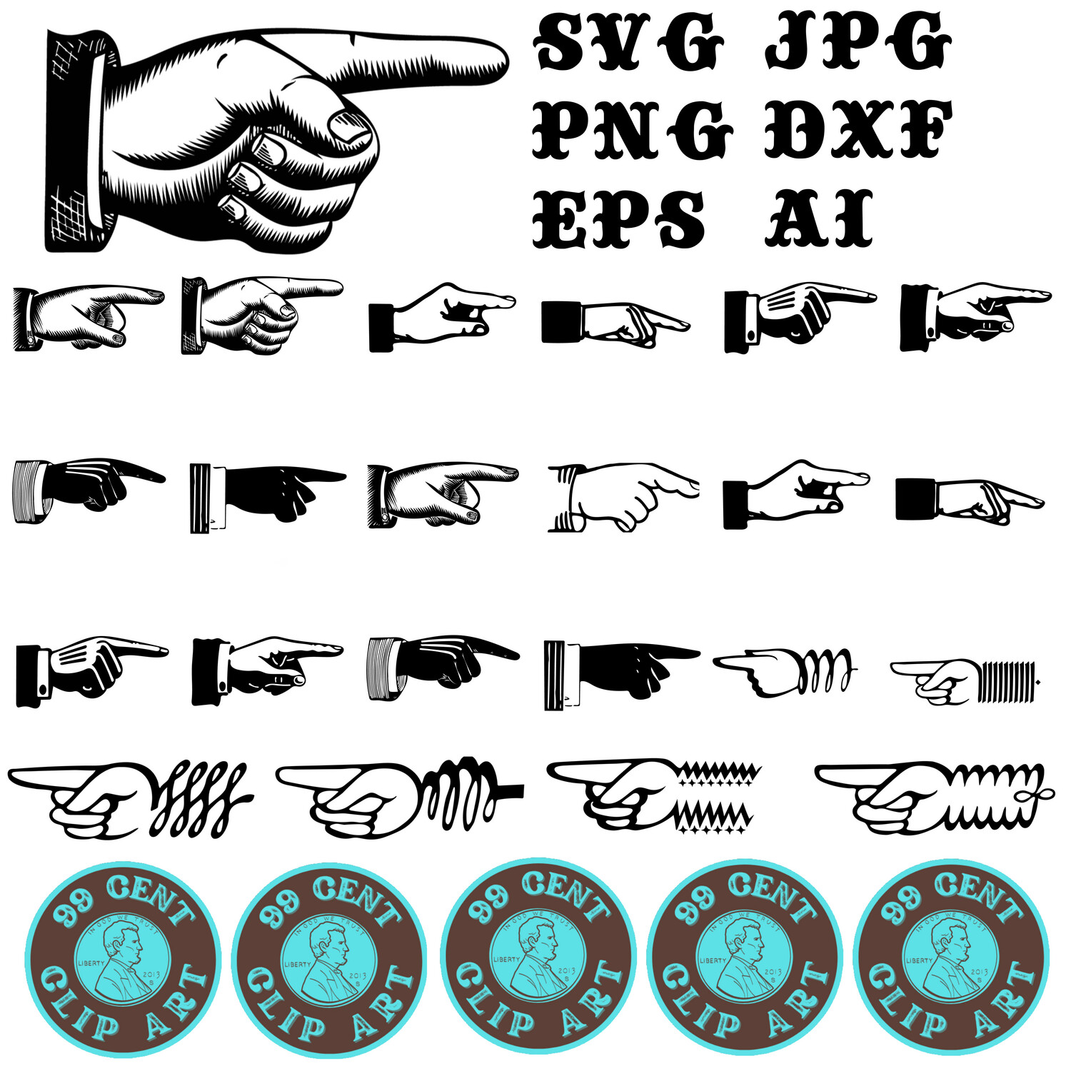 Vintage Pointing Hands SVG Clip Art – High-Resolution Instant Digital Download