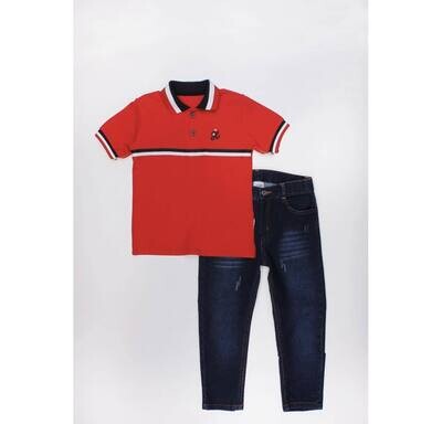 Rode polo met Jeans