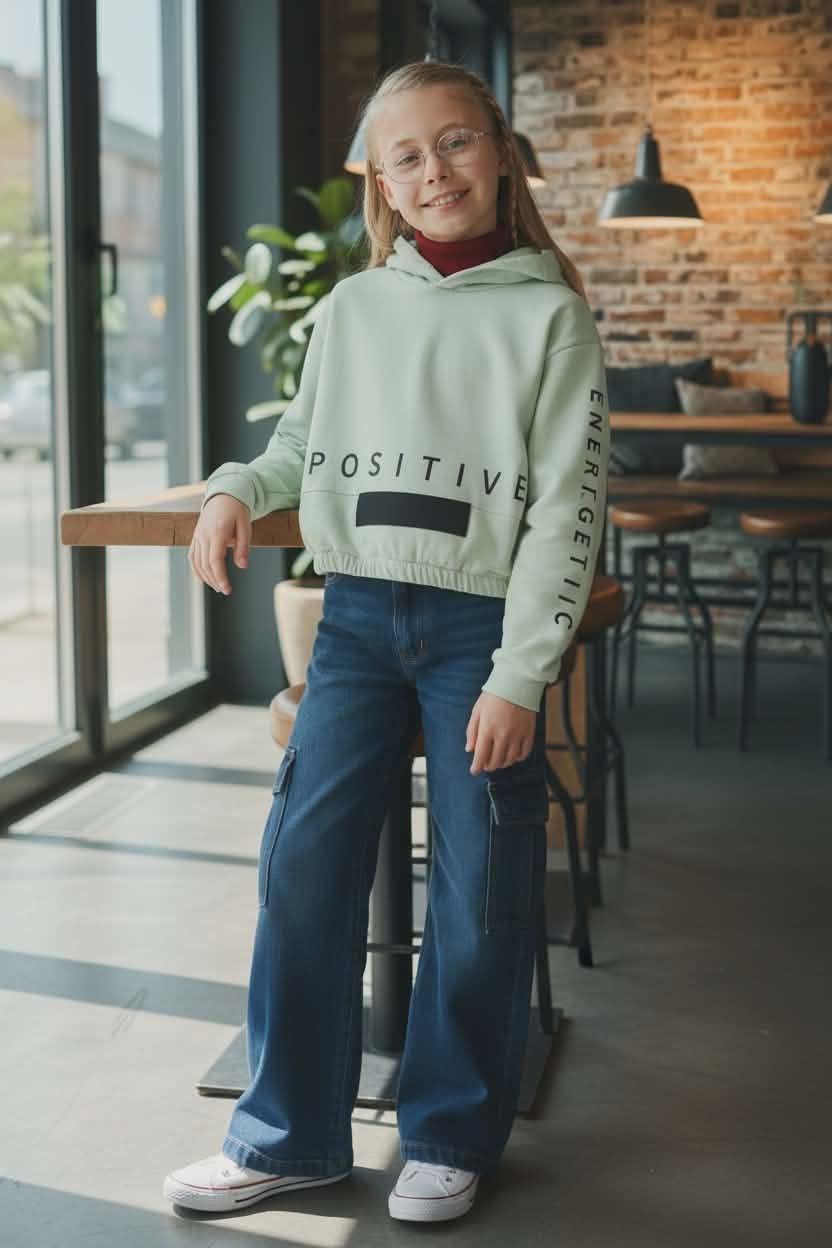 Licht groene trui met kap / lichte stof