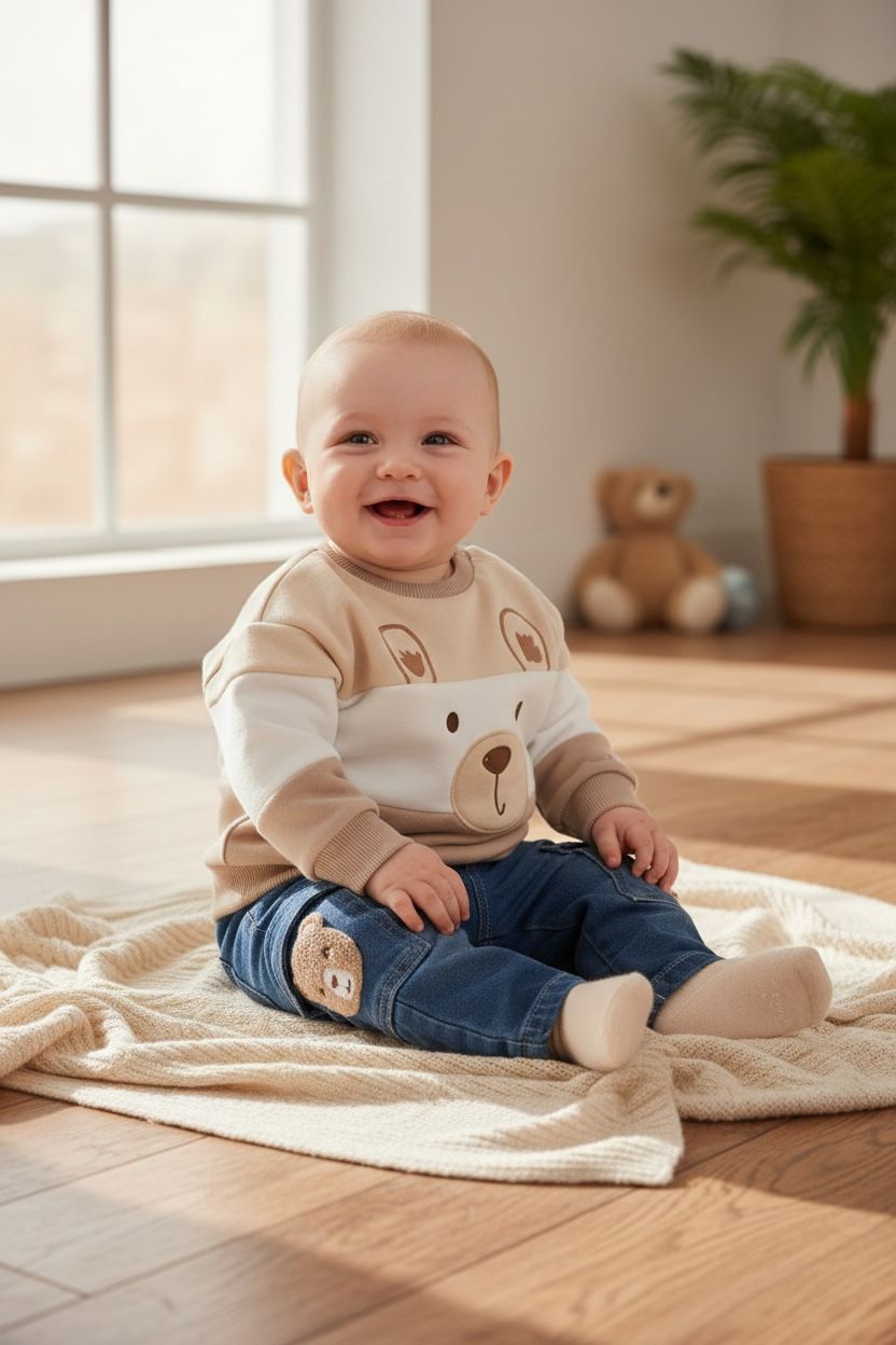 Lange cargobroek van denim voor babyjongen beer