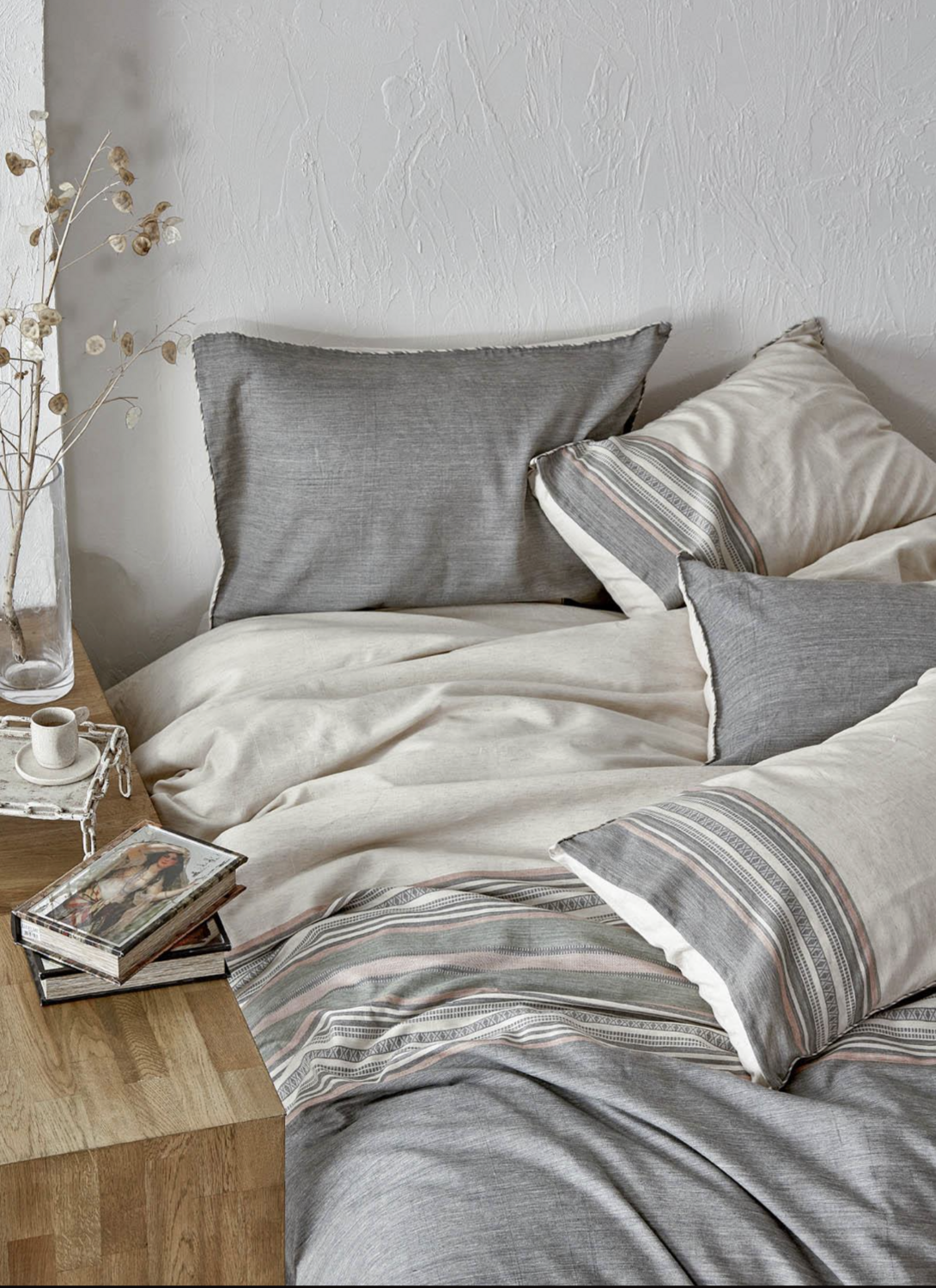 Ecocotton DILA 2 Person Bedding Set 100% Organic Cotton Linen Beige-Green 200X220 CM