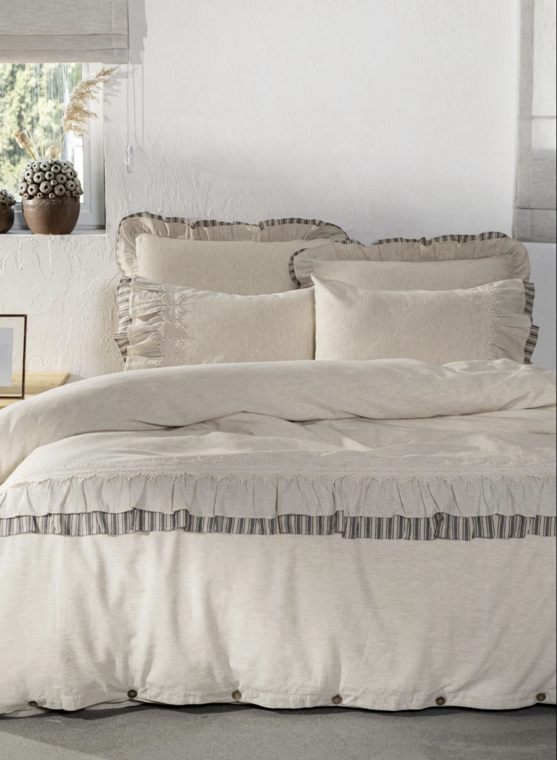 Ecocotton Dalya 2 person Duvet Cover 100% Organic Cotton Linen Frilly Anthracite 200x220 CM