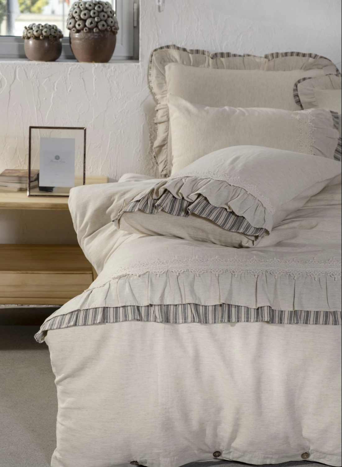 Ecocotton Dalya 2 person Duvet Cover 100% Organic Cotton Linen Frilly Anthracite 200x220 CM