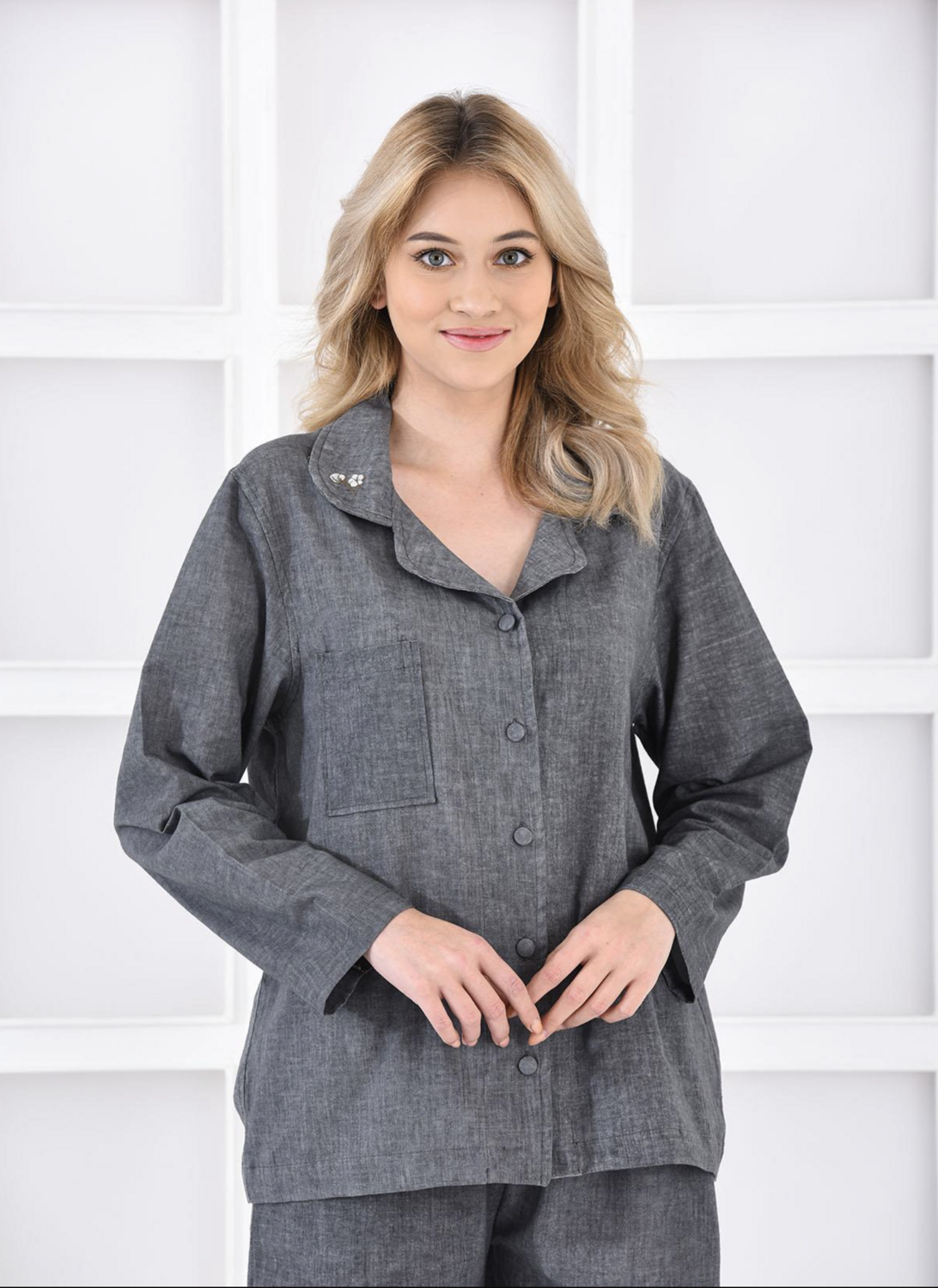 Ecocotton Helen Women&#39;s Pajama Set 100% Organic Cotton Linen Blend Anthracite