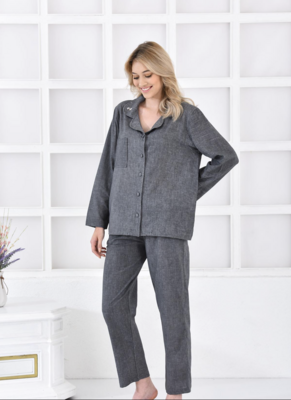 Ecocotton Helen Women&#39;s Pajama Set 100% Organic Cotton Linen Blend Anthracite