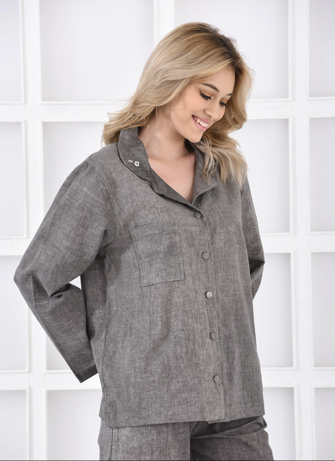 Ecocotton Helen Women&#39;s Pajama Set 100% Organic Cotton Linen Blend Green