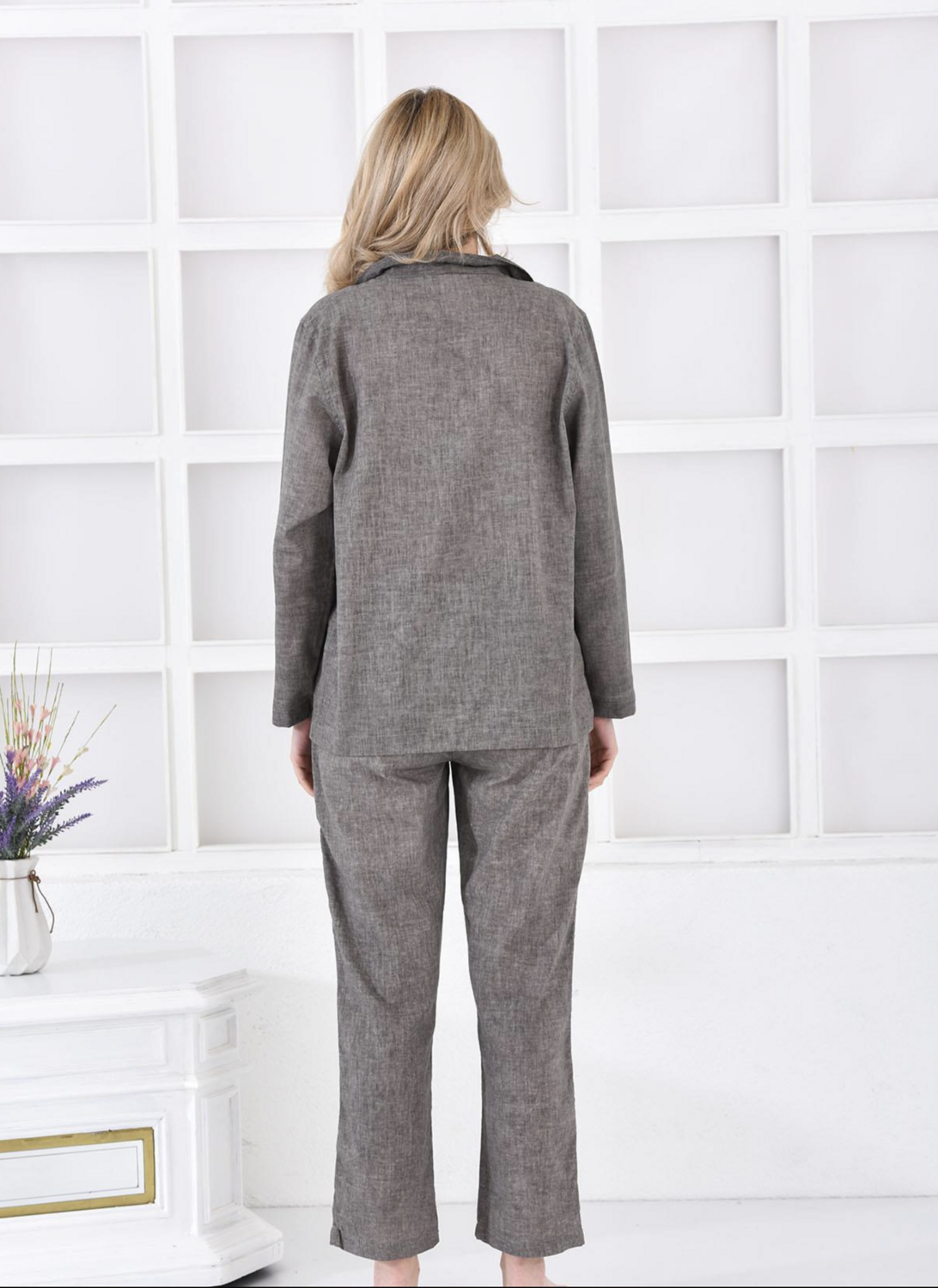 Ecocotton Helen Women&#39;s Pajama Set 100% Organic Cotton Linen Blend Green