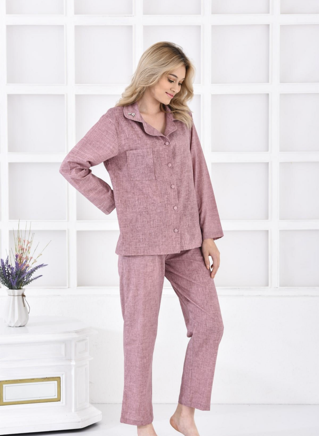 Ecocotton Helen Women&#39;s Pajama Set 100% Organic Cotton Linen Blend Purple