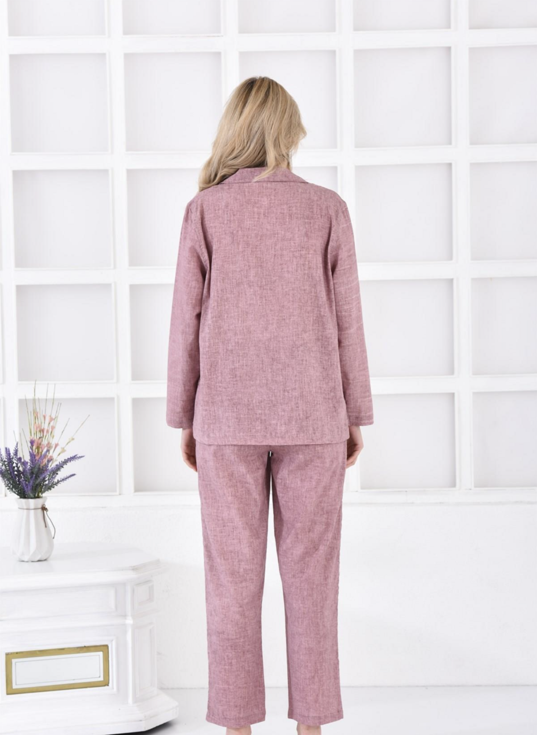 Ecocotton Helen Women&#39;s Pajama Set 100% Organic Cotton Linen Blend Purple