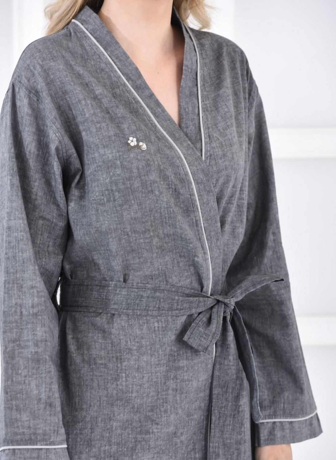 Ecocotton Helen Women Dressing Gown 100% Organic Cotton Linen Blend Anthracite