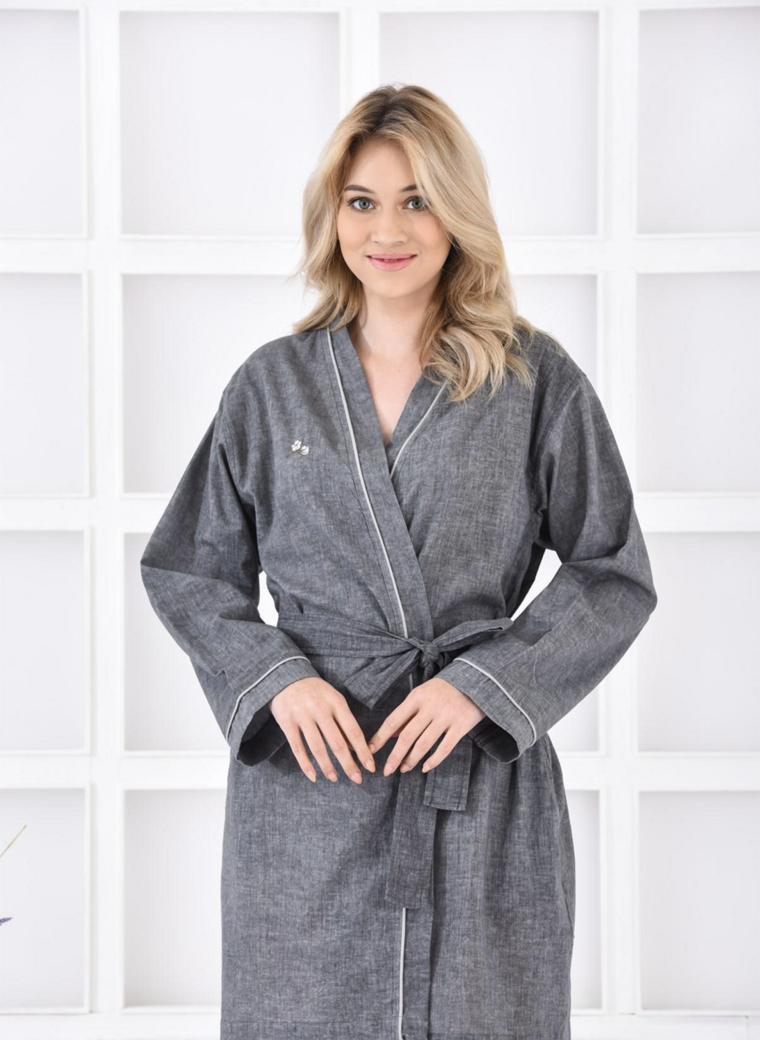 Ecocotton Helen Women Dressing Gown 100% Organic Cotton Linen Blend Anthracite