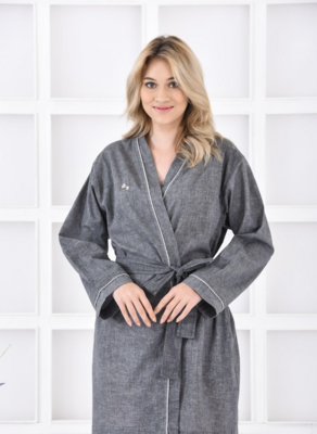 Ecocotton Helen Women Dressing Gown 100% Organic Cotton Linen Blend Anthracite