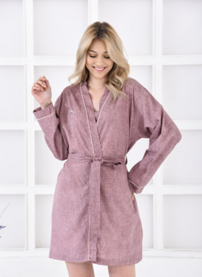 Ecocotton Helen Women&#39;s Dressing Gown 100% Organic Cotton Linen Blend Purple