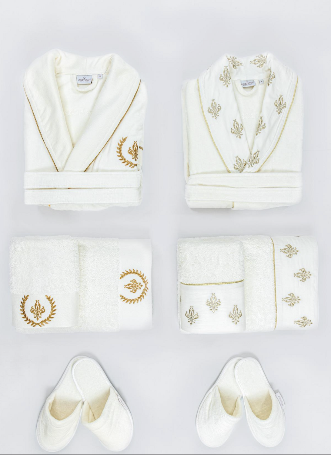Ecocotton Aslışah Family Bathrobe Set 100% Organic Cotton Embroidered Cream/Cream - M/L