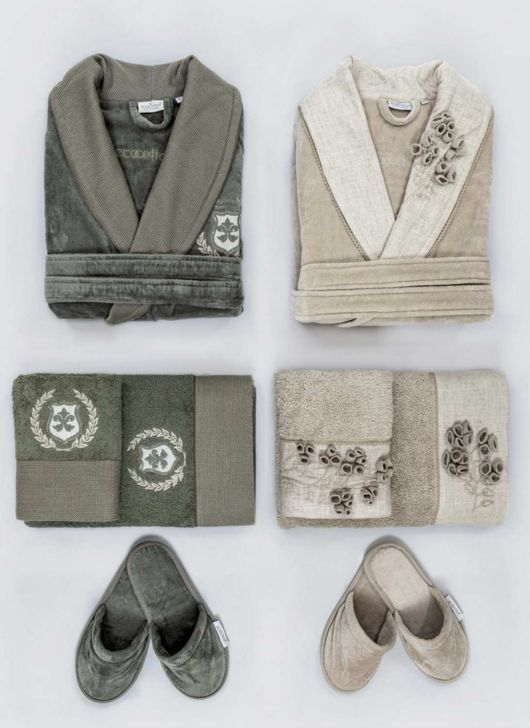 Ecocotton Masal Family Bathrobe Set 100% Organic Cotton Embroidered Beige / Green - M / L